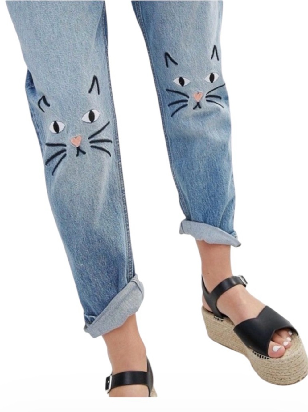 Monki Kimomo Love Embroidered Knee Kitty Jeans Size 26